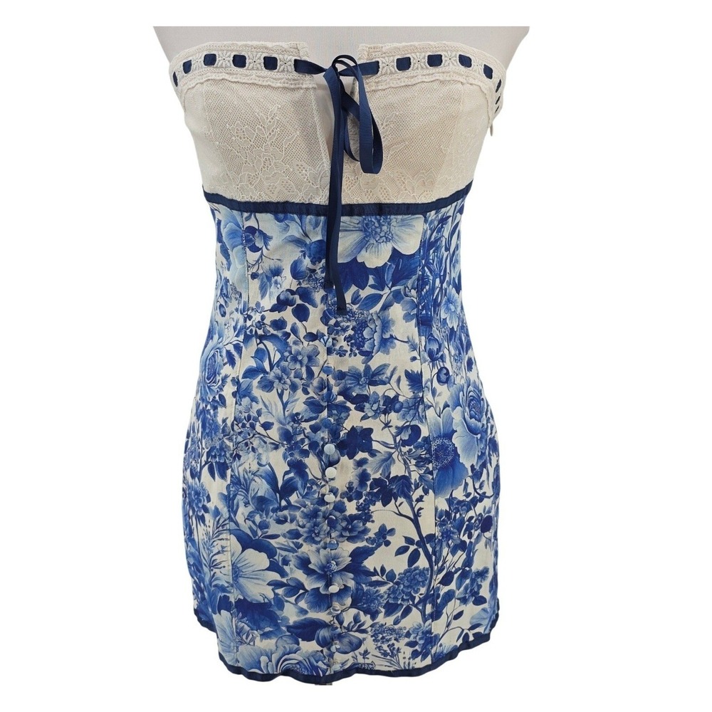Anthropologie Maeve Women S Toile Floral Strapless Tie Front Mini Dress NWT Blue - Picture 3 of 16